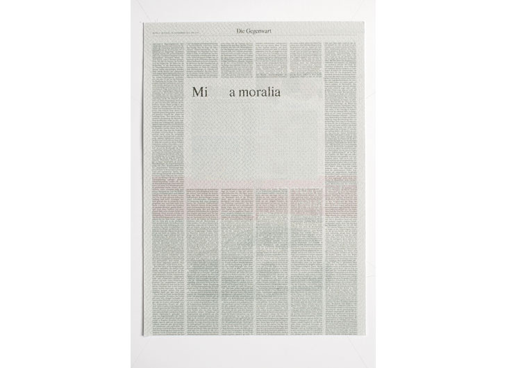 »Mia moralia«, Zeitungspapier Collage, ganzseitig vernäht, 57 x 40 cm, 2012