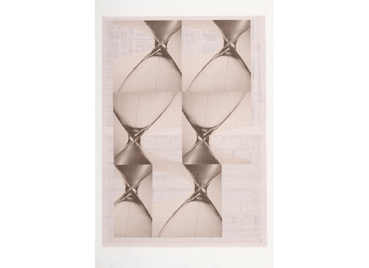 »Zeiten«, Zeitungspapier Collage, ganzseitig vernäht, 80 x 57 cm, 2012